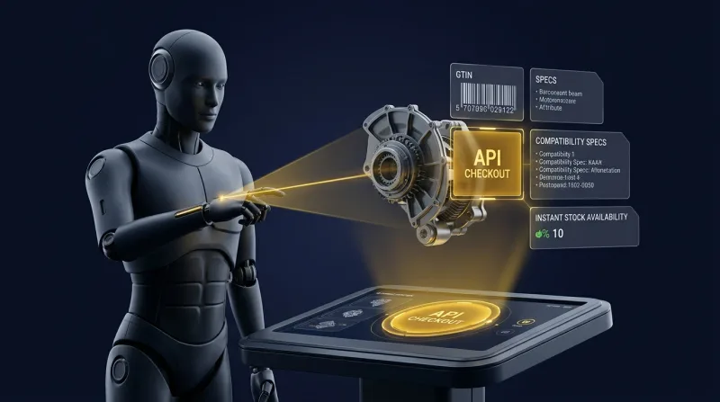 Ein KI-Agent liest die strukturierten Produktdaten eines Bauteils aus — Kennung, technische Daten, Kompatibilität und Verfügbarkeit — und löst darüber den Kauf aus.