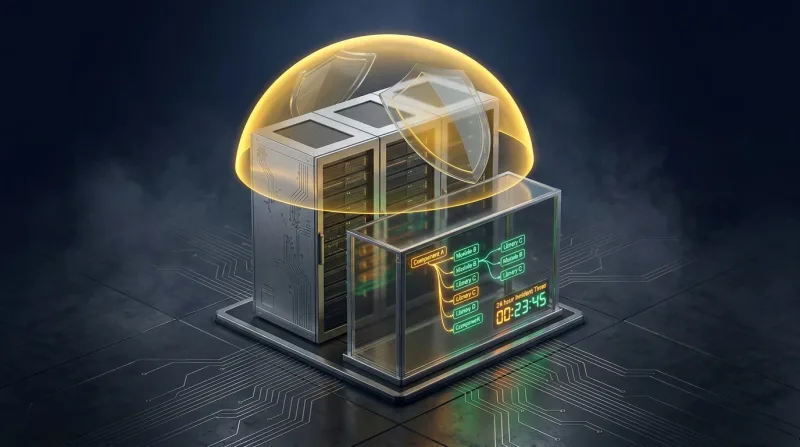 Ein Serverschrank unter mehreren Schutzebenen, daneben eine Komponentenliste des Systems und ein laufender Countdown für die 24-Stunden-Meldefrist.